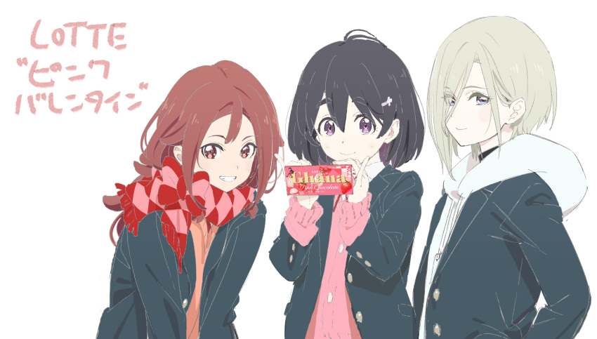 3girls absurdres ahoge akane_(pink_valentine) black_hair blonde_hair blush bow brown_eyes brown_hair chocolate closed_mouth eyes_visible_through_hair food hair_between_eyes hands_in_pockets highres holding holding_chocolate holding_food hood hood_down hoodie long_hair lotte_(company) medium_hair momo_(pink_valentine) multicolored_clothes multicolored_scarf multiple_girls parted_lips pink_scarf pink_valentine product_placement purple_eyes red_scarf saitou_atsushi_(kamatamanankotu) scarf simple_background smile teeth upper_body white_background yukie_(pink_valentine)