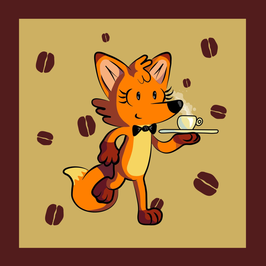 1:1 4_fingers anthro antoinette_(el_senor_erizo) barista beverage biped border bow_tie canid canine coffee colored cup digital_media_(artwork) el_señor_erizo eyelashes female fingers fox fur hi_res holding_object hot_drink mammal orange_body orange_fur pattern_background red_border simple_background smile solo waiter walking