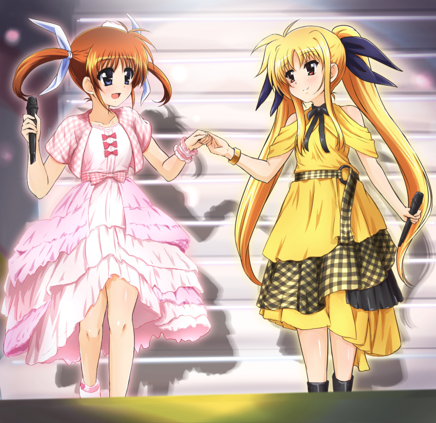 2girls alternate_costume black_bow black_eyes blonde_hair blush bow brown_hair collarbone commentary_request cosplay diesel-turbo dress fate_testarossa flat_chest hairbow highres holding holding_microphone layered_dress long_hair looking_at_another lyrical_nanoha mahou_shoujo_lyrical_nanoha microphone mizuki_nana mizuki_nana_(cosplay) multiple_girls open_mouth pink_dress red_eyes scrunchie shadow short_hair short_sleeves sidelocks smile takamachi_nanoha tamura_yukari tamura_yukari_(cosplay) twintails voice_actor_connection white_bow wrist_scrunchie wristband yellow_dress yuri