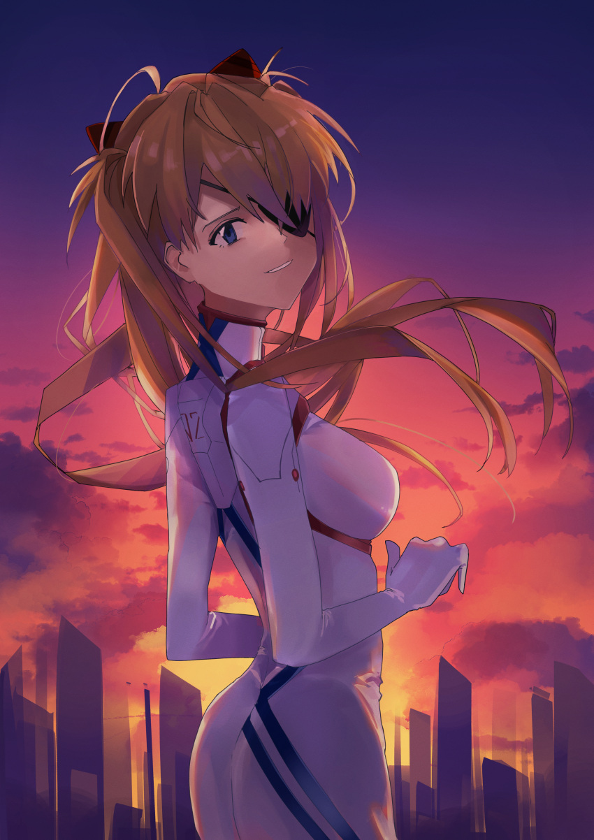 absurdres ass blue_eyes bodysuit breasts brown_hair cityscape evangelion:_3.0+1.0_thrice_upon_a_time eyepatch female grin hair_ornament hairclip highres long_hair looking_at_viewer looking_back neon_genesis_evangelion plugsuit rebuild_of_evangelion smile solo souryuu_asuka_langley standing sunset teizen_(niwamaee) white_bodysuit