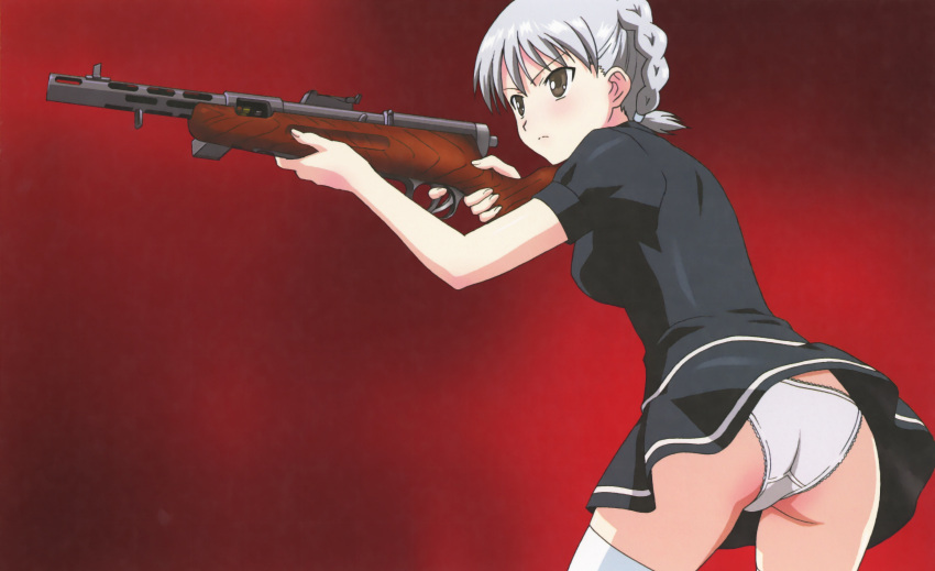 absurdres aiming ass black_dress braid breasts brown_eyes crotch_seam day dress female french_braid frills grey_hair gun highres holding holding_gun holding_weapon medium_breasts official_art panties red_background solo stratos_4 submachine_gun tachibana_mirei thighhighs underwear v-shaped_eyebrows weapon white_panties white_thighhighs wind wind_lift yamauchi_noriyasu