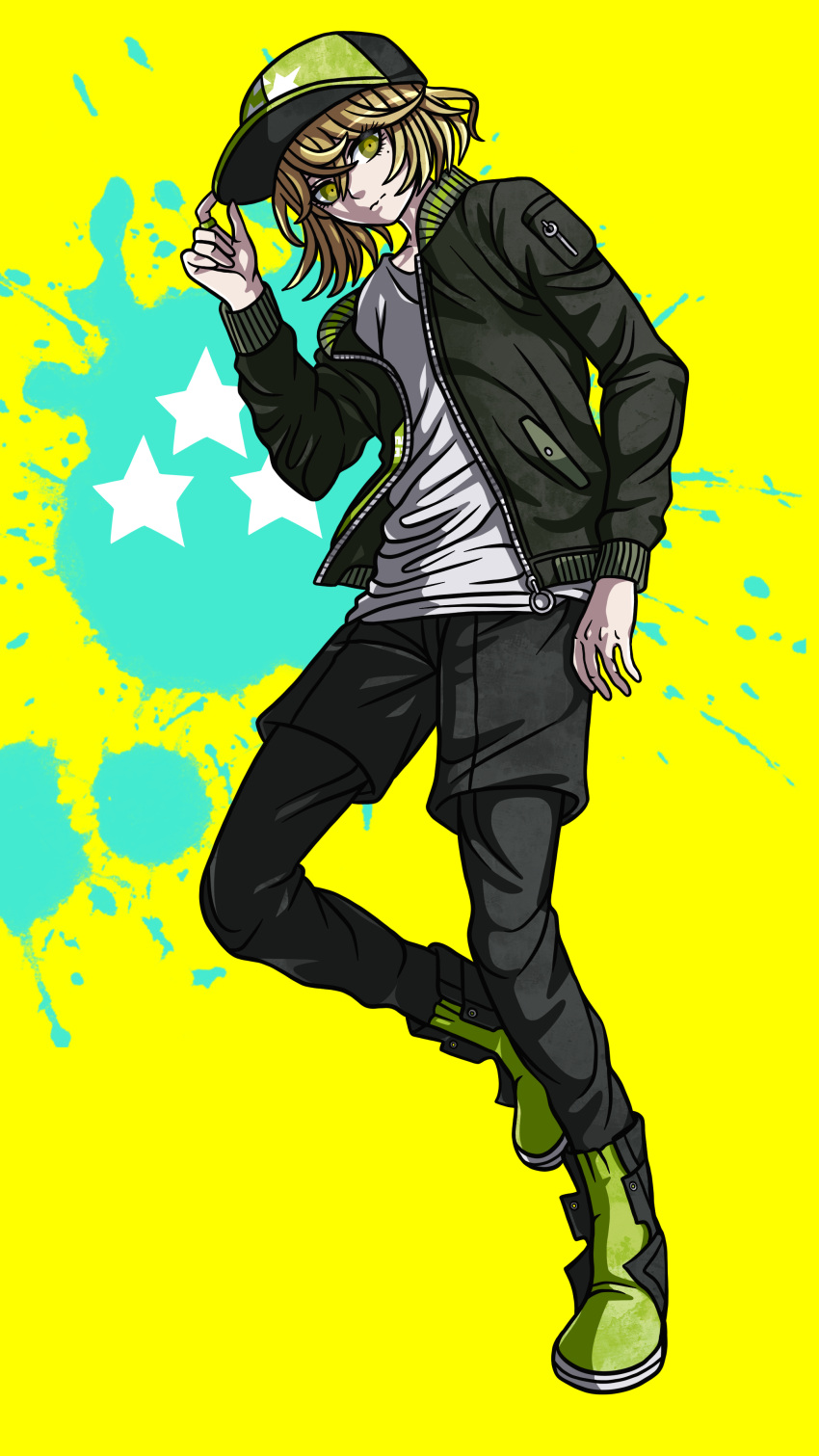 1boy absurdres angelstarxiii baseball_cap black_pants blonde_hair full_body green_footwear hair_between_eyes hat highres jacket jewelry looking_at_viewer male_focus medium_hair mole mole_under_eye pants pocket ring shirokane_haru shirt standing tribe_nine white_shirt yellow_background yellow_eyes zipper