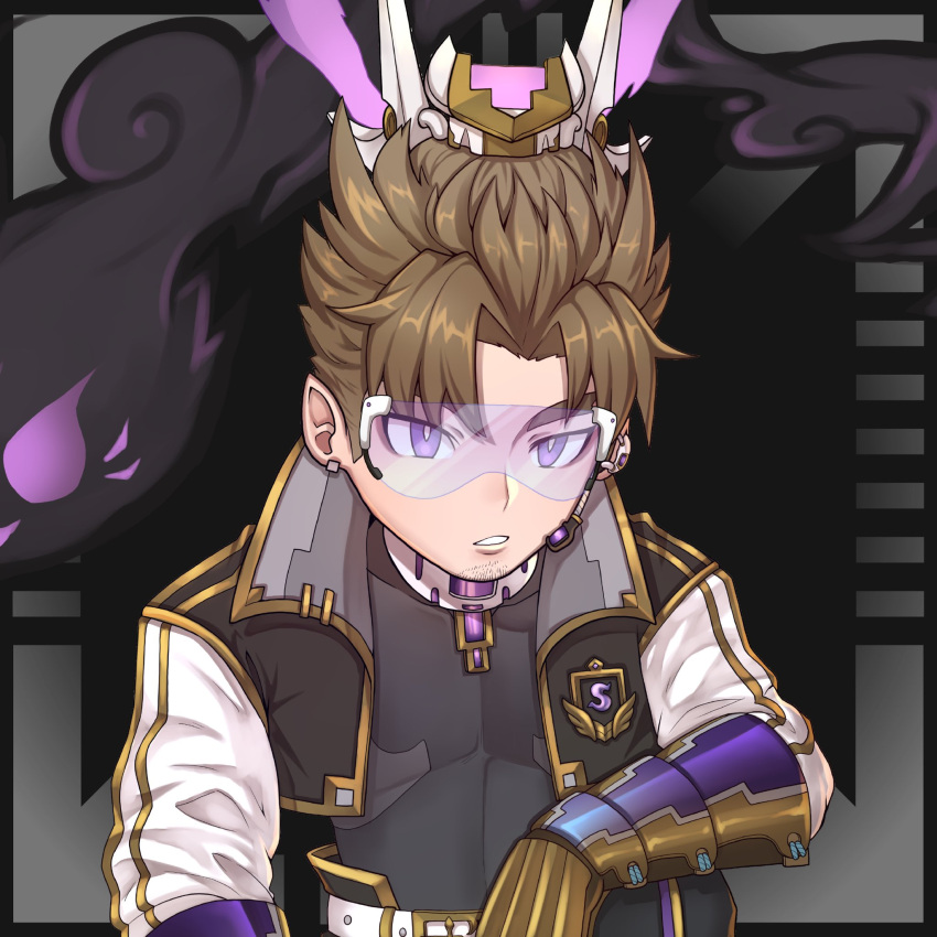 1boy brown_hair earrings gloves goggles highres jewelry long_sleeves male_focus microphone official_art pale_skin pointy_ears polygon_project purple_eyes sator_o solo stud_earrings virtual_youtuber