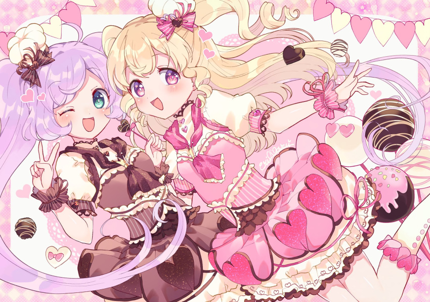 2girls blonde_hair chocolate green_eyes heart long_hair manaka_lala pripara purple_eyes purple_hair twintails yumekawa_yui