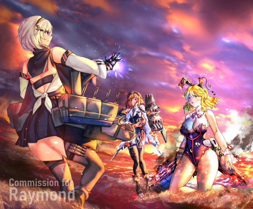 3girls anchor_hair_ornament animal_ears azur_lane bare_legs bare_shoulders birmingham_(azur_lane) black_legwear blonde_hair blood blood_from_mouth blue_eyes burning burnt cloak clothing_cutout cloud cloudy_sky commission crossover crotchless crotchless_pantyhose detached_sleeves fake_animal_ears flight_deck gauntlets grey_hair hair_ornament hairband highres historical_event injury iron_man kneeling knees_together_feet_apart looking_at_another marvel metal_gloves multiple_girls outdoors pantyhose playboy_bunny princeton_(mod)_(warship_girls_r) princeton_(warship_girls_r) psychowolf rabbit_ears red_hair reno_(azur_lane) short_hair shoulder_cutout sky standing standing_on_liquid tearing_up thighhighs torn_clothes warship_girls_r white_cloak white_hair