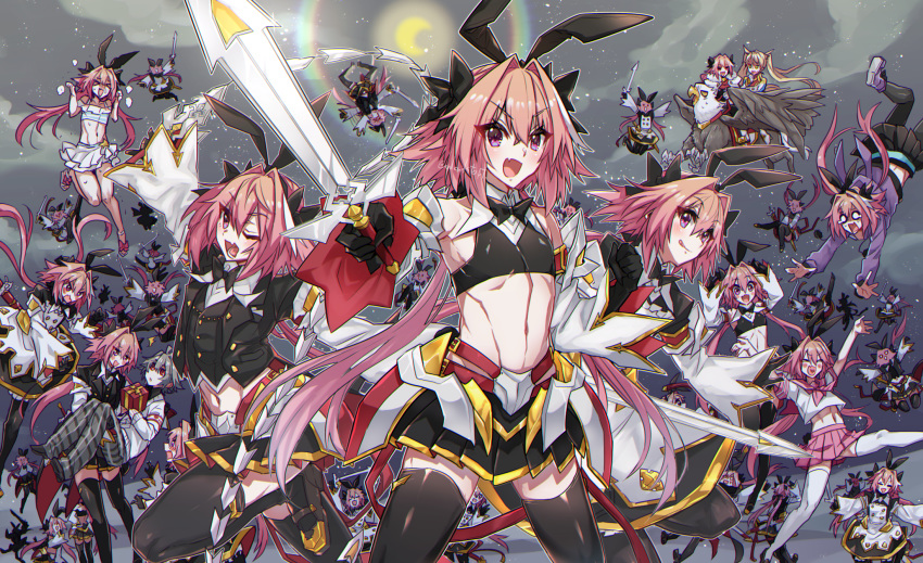 >:( >o< 6+boys :d :q ;) ;d =_= ^^^ ahoge alternate_costume alternate_legwear androgynous animal_ears armor armored_skirt astolfo_(fate) astolfo_(memories_at_trifas)_(fate) astolfo_(saber)_(fate) astolfo_(saber)_(third_ascension)_(fate) astolfo_(sparkling_frills)_(fate) bikini black_bow black_bowtie black_gloves black_ribbon black_thighhighs blonde_hair blue_eyes blush bow bowtie bradamante_(fate) braid brown_pants carrying cloak cloud commentary_request cousins crescent_moon crop_top crown_braid detached_sleeves falling fate/apocrypha fate/grand_order fate_(series) female flailing frown fur-trimmed_cloak fur_trim gift gloves grey_hair hair_intakes haoro heart-shaped_mouth highres hippogriff holding holding_gift holding_sword holding_weapon layered_skirt lens_flare long_braid long_hair long_sleeves looking_at_another looking_at_viewer low_twintails male_focus midriff moon multicolored_hair multiple_boys multiple_views navel night night_sky o_o oerba_yun_fang official_alternate_costume one_eye_closed open_mouth pajamas pants partial_commentary pauldrons pink_hair pink_skirt princess_carry purple_eyes rabbit_ears red_eyes red_sailor_collar ribbon riding sailor_collar school_uniform serafuku shirt shoes shoulder_armor sieg_(fate) single_braid skin_fang skirt skirt_tug sky smile solid_circle_eyes star_(sky) starry_moon stomach streaked_hair striped_clothes striped_pants sweat swimsuit sword tears thighhighs tongue tongue_out twintails v-shaped_eyebrows very_long_hair weapon whip_sword white_hair white_legwear white_shirt wide_sleeves wing_collar