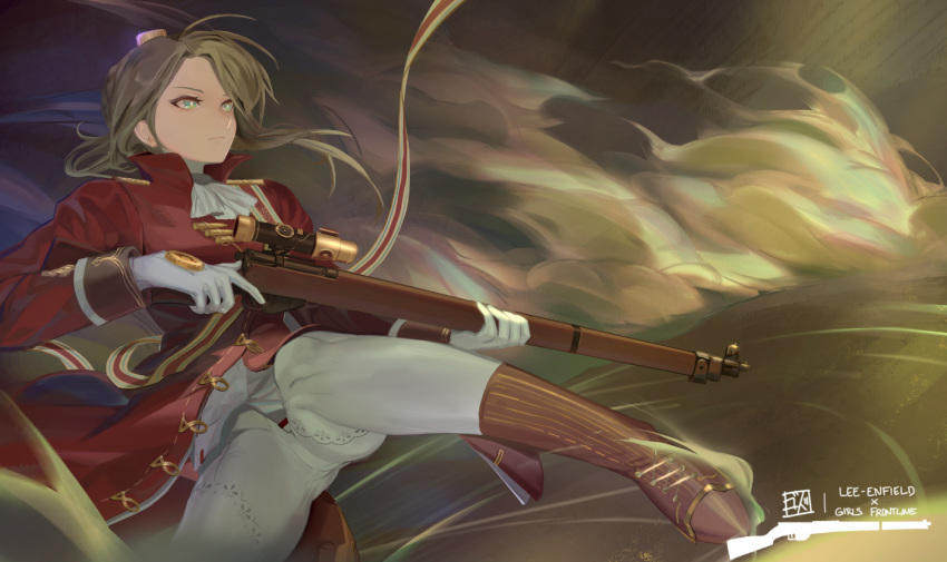 bad_id bad_pixiv_id bolt_action boots brown_hair character_name eyewear_on_head female girls'_frontline gloves godsh0t green_eyes gun lee-enfield lee-enfield_(girls'_frontline) long_hair military military_uniform monocle pants rifle sash scope signature solo tight_clothes tight_pants uniform weapon