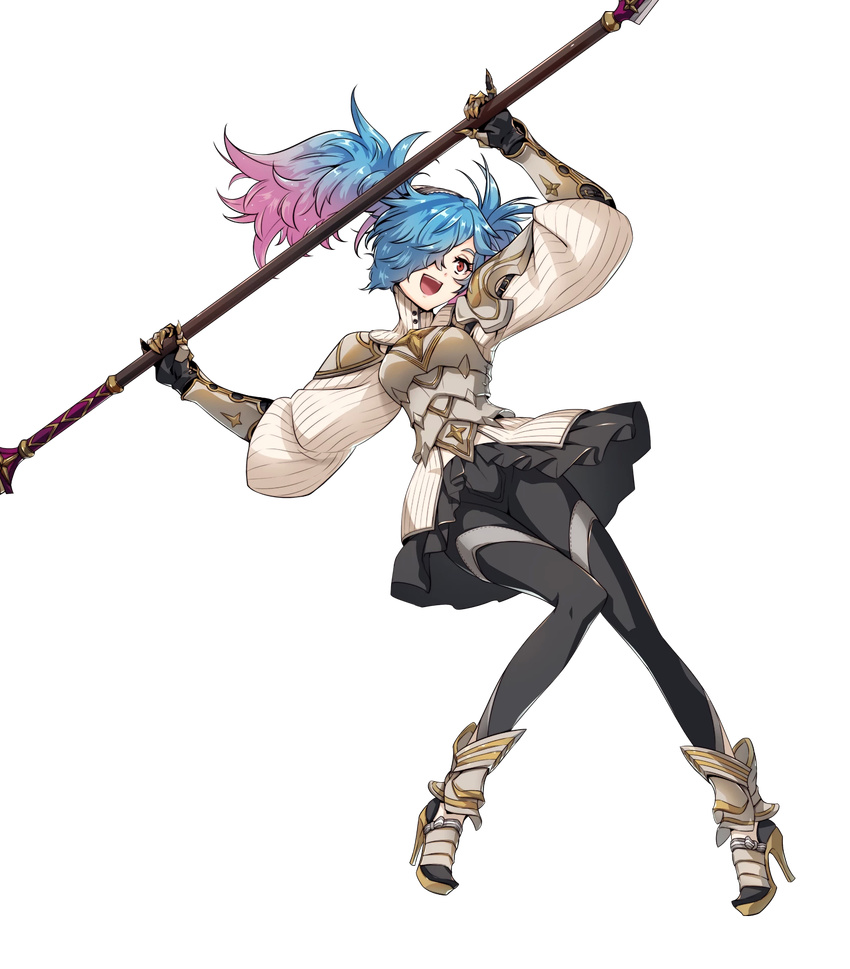 armor blue_hair boots female fire_emblem fire_emblem_fates fire_emblem_heroes full_body gloves hair_over_one_eye high_heels highres multicolored_hair official_art peri_(fire_emblem) pink_hair polearm red_eyes solo spear takagi_masafumi transparent_background two-tone_hair weapon