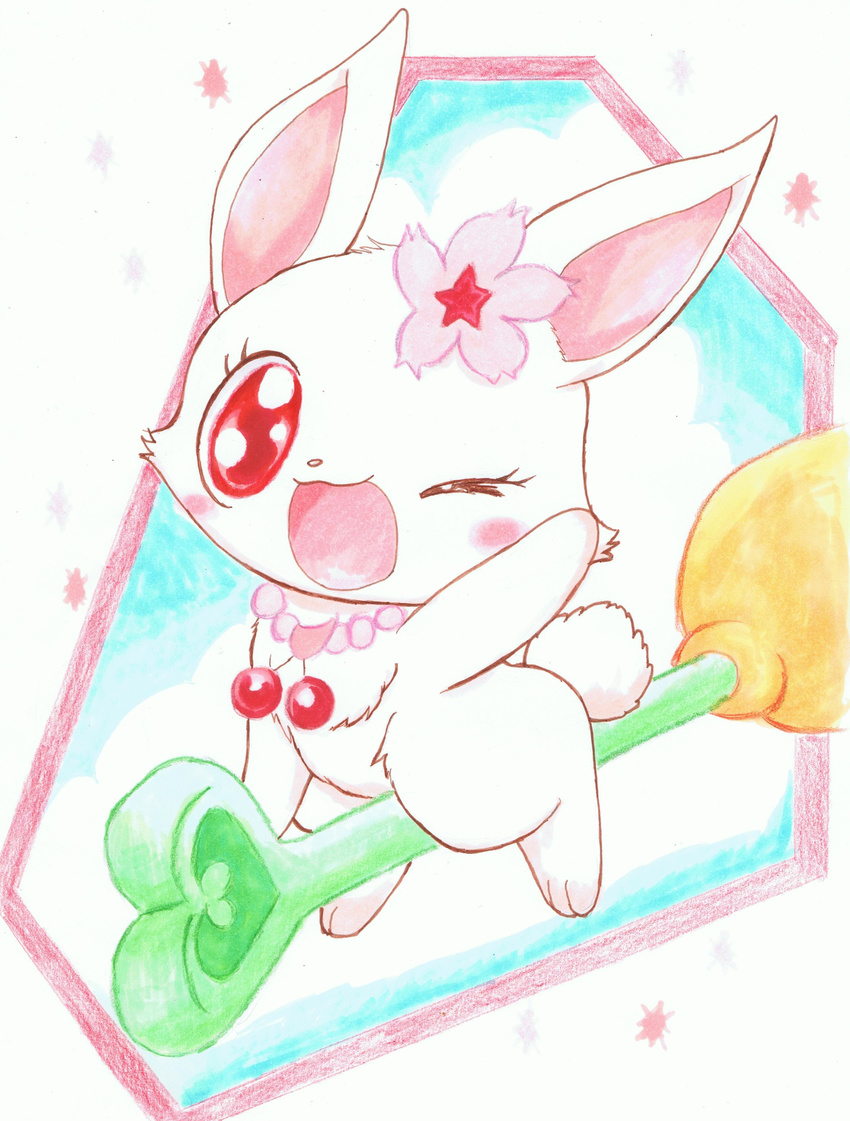 absurd_res blush broom cherry cherry_blossom cleaning_tool eyelashes female feral flower food fruit fur furari@ gem hare hi_res japanese_hare jewelpet jewelry lagomorph leporid mammal necklace open_mouth plant prunus_(flower) ruby_(jewelpet) sanrio sega sega_fave simple_background solo star tongue traditional_media_(artwork) tuft white_body white_fur