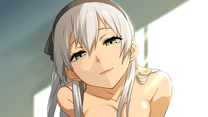 ao_no_kiseki arms_at_sides breasts close-up collarbone commentary_request completely_nude eiyuu_densetsu elie_macdowell female green_eyes grey_hair hair_between_eyes hairband half-closed_eyes highres hou_(hachiyou) light_smile long_hair looking_at_viewer medium_breasts nude portrait shade solo sunlight