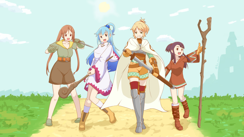 4girls :d aho_girl alternate_costume aqua_(konosuba) armor armored_boots belt blonde_hair blue_hair blue_sky boots breastplate brown_footwear brown_gloves brown_hair building cape cloud collarbone commentary_request cosplay crossover dagger day dress fantasy fate/apocrypha fate/grand_order fate_(series) final_fantasy final_fantasy_tactics full_body geomancer_(fft) gloves grass green_gloves green_shirt grin hair_rings hanabatake_yoshiko highres holding holding_staff holding_sword holding_weapon kagari_atsuko kneehighs knife knight_(fft) kono_subarashii_sekai_ni_shukufuku_wo! little_witch_academia long_hair long_sleeves looking_at_viewer md5_mismatch mordred_(fate) mordred_(fate/apocrypha) multiple_girls nwr open_mouth outdoors path purple_hair red_dress red_footwear resolution_mismatch road robe shadow sheath sheathed shirt shoes short_ponytail shorts sky smile socks staff standing stick sun sword teeth thief_(fft) trait_connection twitter_username unsheathing walking weapon white_mage_(fft) white_mage_(final_fantasy) white_mage_(final_fantasy)_(cosplay) white_socks wide_sleeves