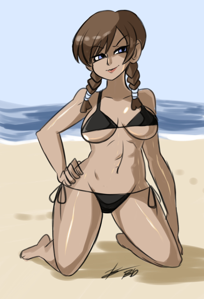 barefoot bigdead bikini black_bra blue_eyes bra braid breasts brown_hair dark-skinned_female dark_skin female groin hand_on_own_hip highres kneeling kuouzumiaiginsusutakeizumonokamimeichoujin_mika light_smile lips lowleg lowleg_bikini navel resort_boin side-tie_bikini_bottom solo swimsuit tan toned twin_braids underboob underwear