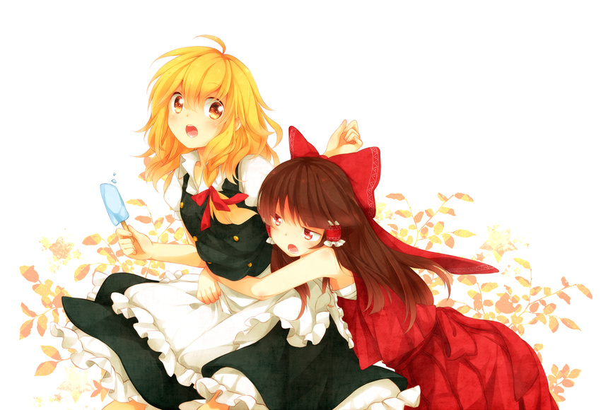 2girls :o ahoge annoyed apron arms_around_waist bad_id bad_pixiv_id bare_shoulders blonde_hair blush bow brown_hair collared_shirt commentary d: drooling food food_theft hair_tubes hairbow hakurei_reimu hug ice_cream jitome kirisame_marisa large_bow leaf long_hair multiple_girls narina no_headwear open_mouth popsicle red_eyes sarashi shirt skirt skirt_set sleeveless surprised teeth touhou vest waist_apron wavy_hair yellow_eyes