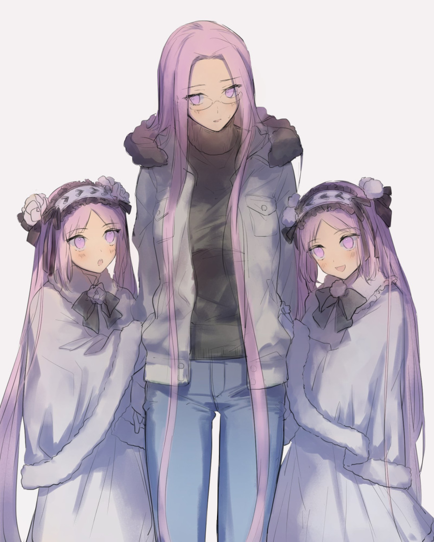 3girls ashita_kura bad_id bad_twitter_id blush commentary denim dress euryale_(fate) fate/grand_order fate_(series) glasses hairband headdress highres jacket jeans lolita_hairband long_hair medusa_(fate) medusa_(rider)_(fate) multiple_girls open_mouth pants purple_eyes purple_hair siblings sisters smile stheno_(fate) sweater twintails very_long_hair white_dress