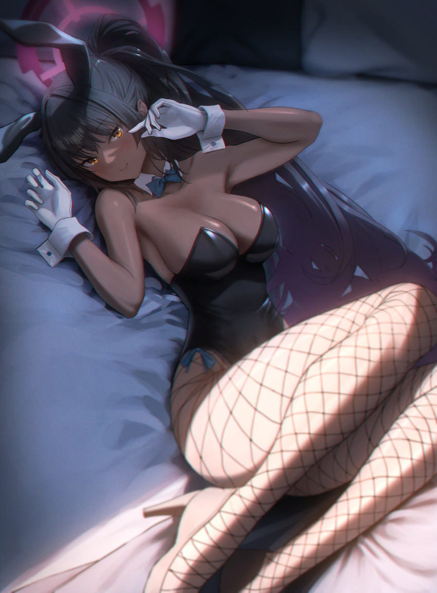 absurdres animal_ears black_hair black_leotard blue_archive blue_bow blue_bowtie blurry blush bow bowtie breasts cleavage closed_mouth commentary covered_navel dark-skinned_female dark_skin depth_of_field detached_collar fake_animal_ears female fishnet_pantyhose fishnets foot_out_of_frame gileu gloves halo high_heels high_ponytail highres karin_(blue_archive) karin_(bunny)_(blue_archive) large_breasts legs_together leotard long_hair looking_at_viewer lying official_alternate_costume on_back on_bed orange_eyes pantyhose playboy_bunny ponytail purple_halo rabbit_ears shade smile solo strapless strapless_leotard white_gloves wrist_cuffs