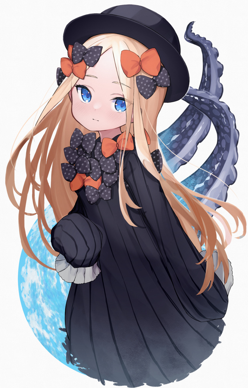 abigail_williams_(fate) black_bow black_dress black_hat blonde_hair blue_eyes blush bow breasts dress fate/grand_order fate_(series) female forehead hairbow hat highres lazu0721 long_hair long_sleeves looking_at_viewer multiple_hair_bows open_mouth orange_bow parted_bangs polka_dot polka_dot_bow ribbed_dress sleeves_past_fingers sleeves_past_wrists small_breasts solo tentacle