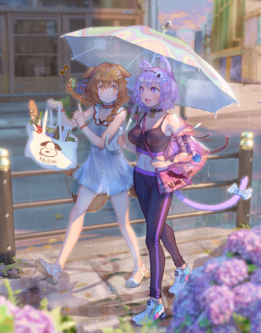 2girls :3 abs alternate_costume animal_ear_fluff animal_ears armpits bag blush bobby_pin braid breasts brown_hair cat_ears cat_tail city cleavage commentary_request cucumbear073 dog_ears dog_tail dress feet flower groceries high_heels highres hololive hydrangea inugami_korone jacket leggings legs looking_at_another medium_breasts medium_hair midriff multiple_girls nekomata_okayu open_mouth outdoors pants purple_eyes purple_hair rain sandals see-through shadow shoes shopping_bag short_hair short_twintails shoulder_bag sleeveless smile sneakers sports_bra sundress sweatpants tail thighs town twin_braids twintails umbrella virtual_youtuber