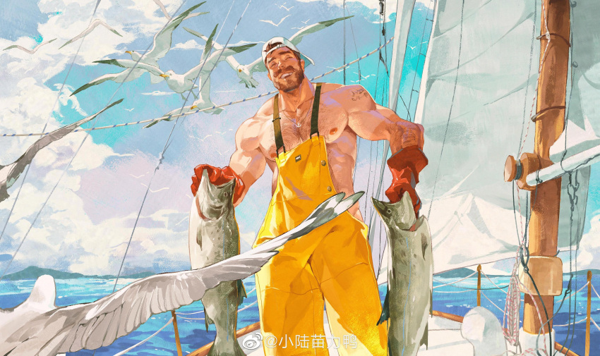 1boy absurdres anchor_necklace animal arm_hair backwards_hat bara bare_pectorals baseball_cap beard bird blue_sky brown_hair chest_hair commentary facial_hair feet_out_of_frame fish fishing foreshortening gloves hairy hat highres holding holding_animal holding_fish jewelry large_pectorals male_focus mature_male moustache muscular muscular_male naked_overalls necklace nipples ocean original outdoors overalls pectorals perspective red_gloves sail salmon_(fish) ship short_hair sky smile solo standing swan symbol-only_commentary thick_eyebrows water watercraft xiaolumiaoliya yellow_overalls