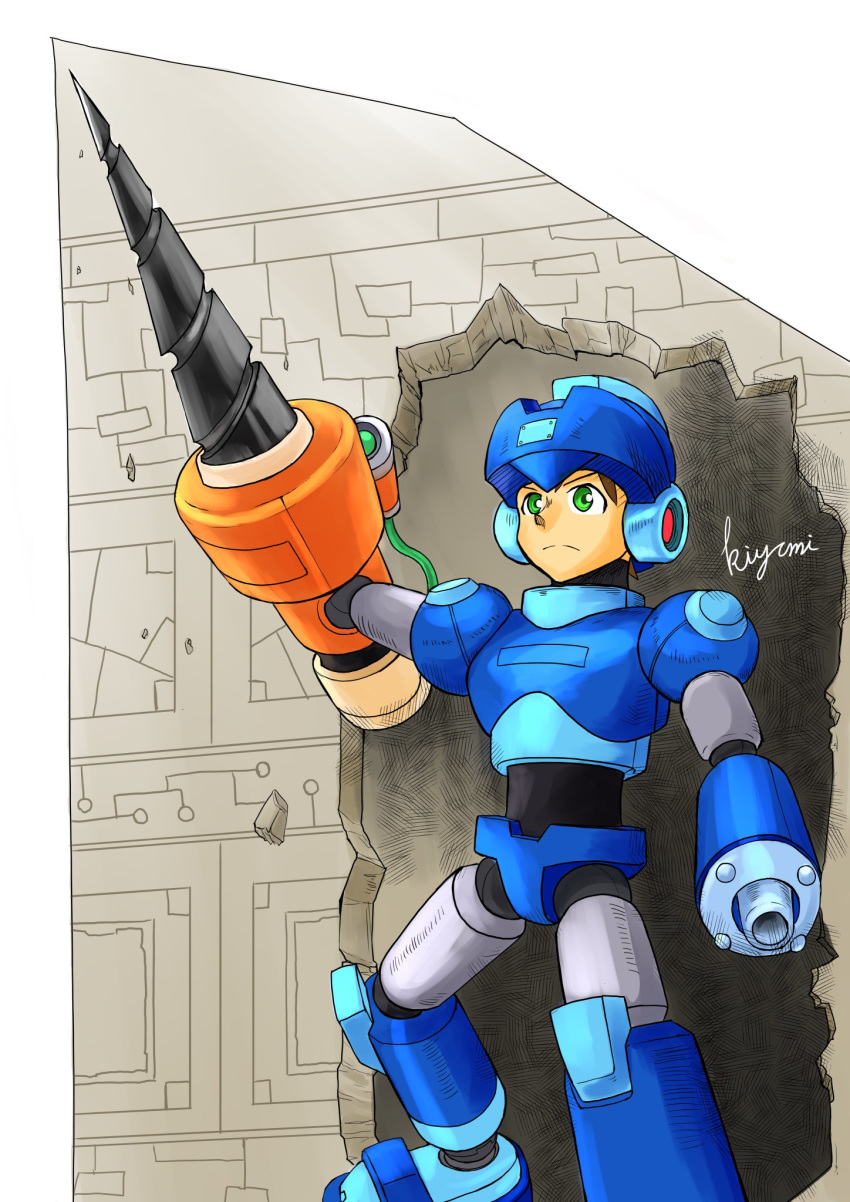 1boy android arm_cannon blue_bodysuit blue_headwear bodysuit brown_hair drill green_eyes helmet highres kiyomimoyikobject male_focus mega_man_(series) mega_man_legends_(series) mega_man_volnutt signature smile solo wall_crash weapon