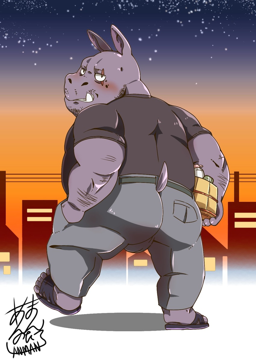 2020 anthro ass blush bottomwear bulge bumomomoboa clothing hi_res kemono male mammal night outside overweight overweight_anthro overweight_male pants scar shirt solo star topwear