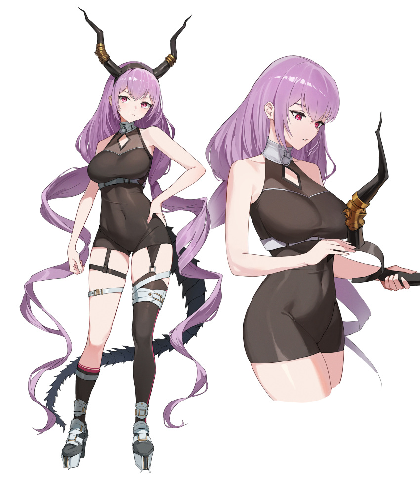 absurdly_long_hair absurdres arknights asymmetrical_legwear black_dress black_socks black_thighhighs breasts commentary cropped_legs dragon_girl dragon_horns dragon_tail dress english_commentary fake_horns female frown grey_footwear high_heels highres horns horns_removed jason_kim large_breasts long_hair mismatched_legwear multiple_views parted_lips red_eyes sidelocks simple_background socks tail thigh_strap thighhighs twintails typhon_(arknights) very_long_hair white_background