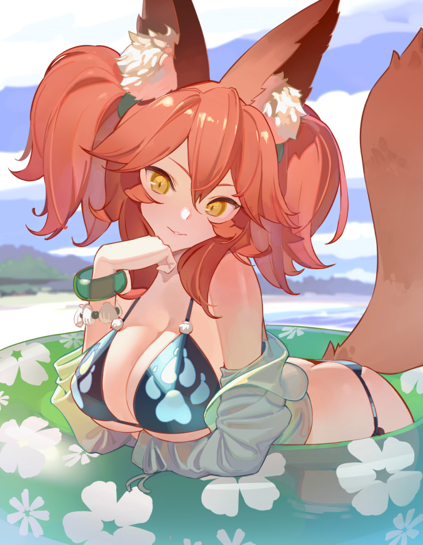 animal_ear_fluff animal_ears bikini black_bikini blurry blurry_background bracelet breasts commentary fate/grand_order fate_(series) female floral_print fox_ears fox_tail highres innertube jewelry large_breasts long_hair looking_at_viewer off_shoulder outdoors parted_lips paw_print pink_hair seashell_bracelet shirt solo string_bikini swim_ring swimsuit tail tamamo_(fate) tamamo_no_mae_(fate/extra) timbougami twintails yellow_eyes