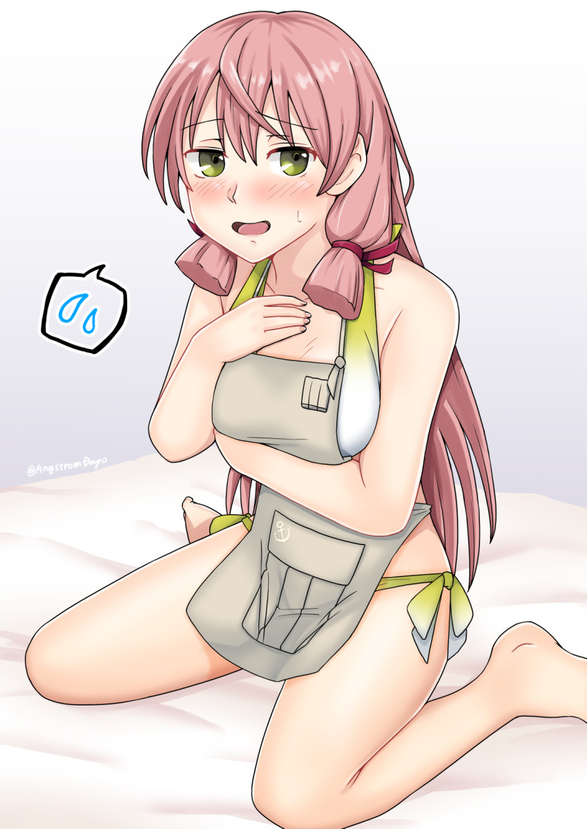 akashi_(kancolle) akashi_(swimsuit_mode)_(kancolle) apron bikini blunt_tresses blush embarrassed female green_eyes hair_ribbon highres kantai_collection long_hair onguuchi pink_hair ribbon sitting solo spoken_sweatdrop sweatdrop swimsuit tress_ribbon wariza