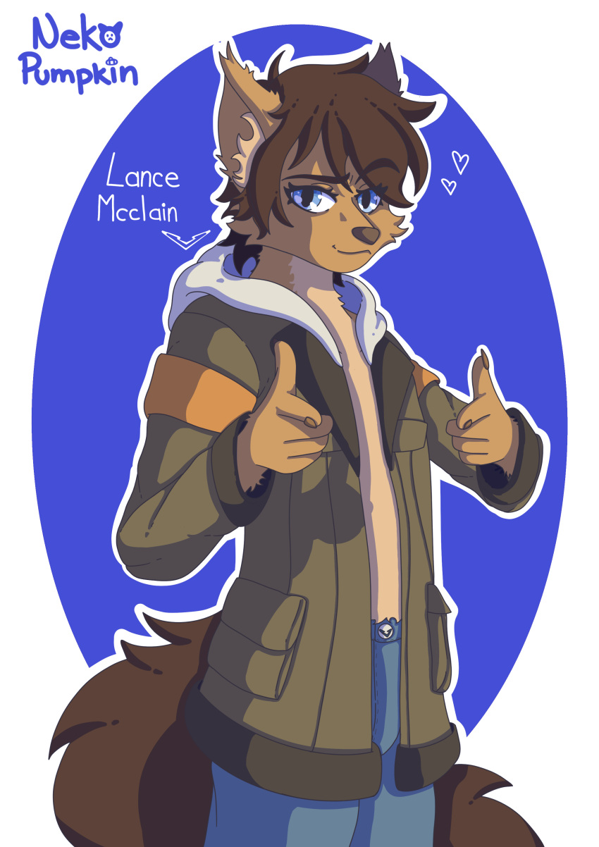 absurd_res anthro bare_chest blue_eyes bottomless bottomwear brown_body brown_fur brown_hair brown_nose bulge canid canine canis clothed clothing collarbone denim denim_bottomwear denim_clothing eyebrows finger_gun fluffy fluffy_ears fur gesture hair hand_gesture head_tuft hi_res hoodie hoodie_only jacket_only jeans lance_(voltron) leggings legwear long_tail looking_at_viewer male mammal nekopumpkin pants raised_eyebrow simple_background solo tail tan_body tan_fur teeth topwear topwear_only tuft