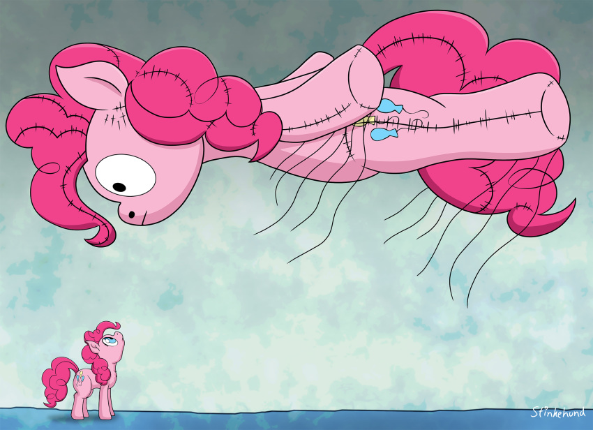 2020 balloon blue_eyes crossover cutie_mark earth_pony equid equine floating friendship_is_magic hasbro hi_res horse inanimate_object inflatable looking_up mammal mane my_little_pony netflix parade_balloon parody pink_mane pinkie_pie_(mlp) pony shaped_balloon signature solo stinkehund string