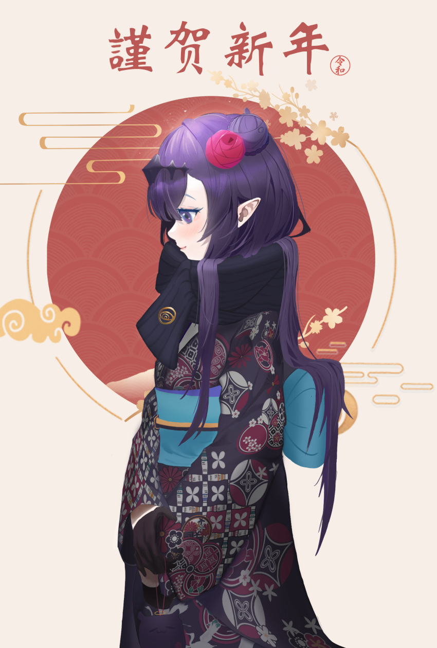 absurdres black_gloves black_kimono blunt_bangs braid braided_bun double_bun eyelashes female flower gloves hair_bun hair_flower hair_ornament half_gloves headpiece highres hololive hololive_english japanese_clothes kimono long_hair ninomae_ina'nis ninomae_ina'nis_(new_year) obi official_alternate_costume official_alternate_hairstyle pointy_ears print_kimono pupu_(pupu12123) purple_eyes purple_hair sash scarf sidelocks solo very_long_hair virtual_youtuber