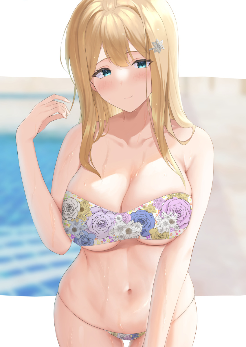 aqua_eyes arisugawa_reiko bandeau bare_shoulders bikini blonde_hair blush breasts cleavage closed_mouth collarbone commission female floral_print futon_fly_away hair_ornament hairclip hand_up highres large_breasts long_hair looking_at_viewer navel ore_ga_ojou-sama_gakkou_ni_"shomin_sample"_toshite_rachirareta_ken pixiv_commission print_bikini rose_print smile solo stomach swimsuit underboob wet wet_hair