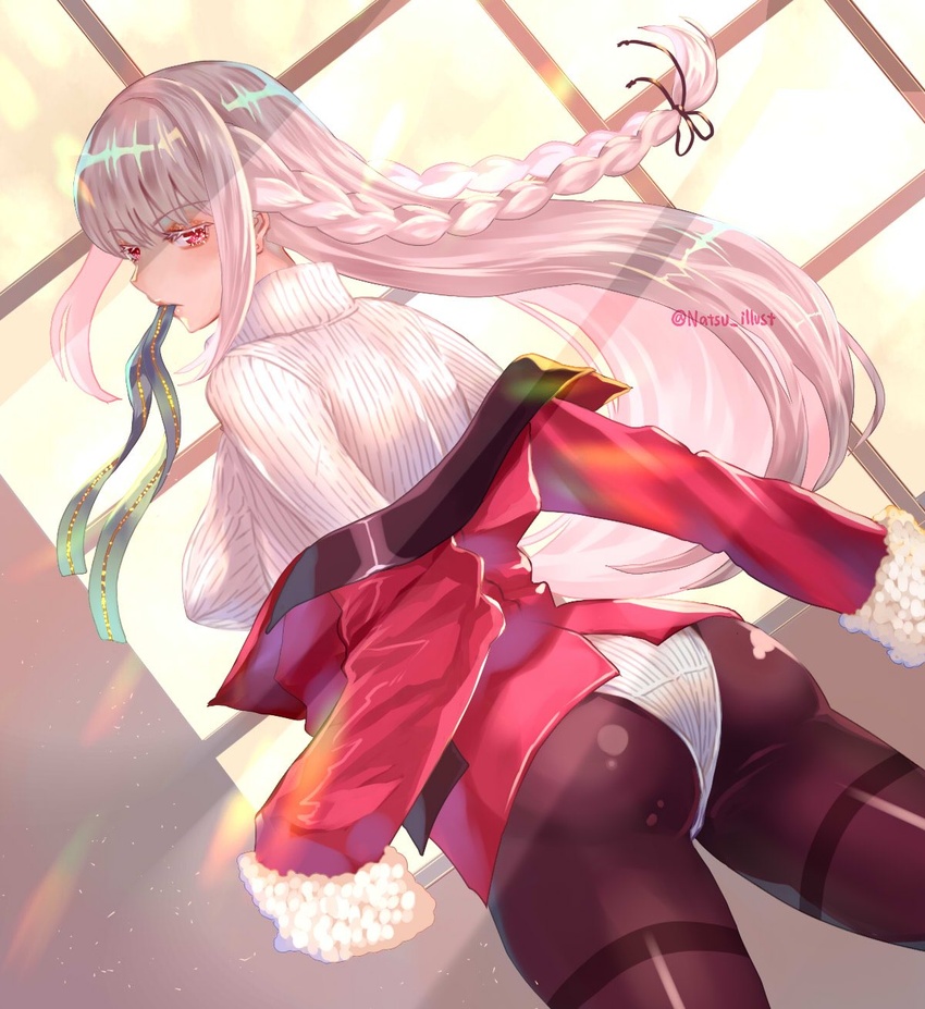 black_thighhighs braid breasts fate/grand_order fate_(series) female florence_nightingale_(fate) fur-trimmed_sleeves fur_trim highres jacket large_breasts long_hair looking_at_viewer looking_back natsujiru pink_hair red_eyes red_jacket ribbon solo sweater thighhighs turtleneck turtleneck_sweater window