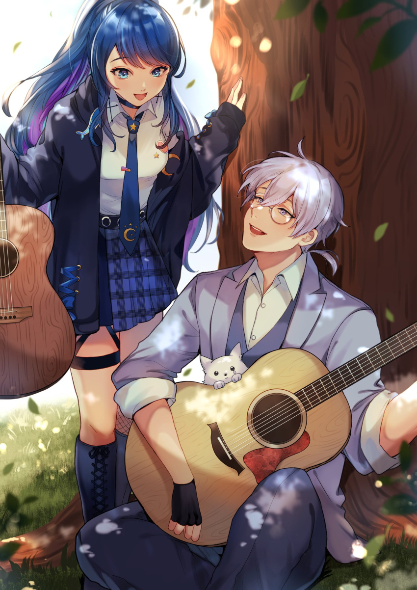 1boy bad_id bad_twitter_id blue_eyes blue_hair collared_shirt emerson_key feline female glasses guitar highres holding holding_instrument indie_virtual_youtuber instrument long_hair multicolored_hair nana_asteria purple_hair school_uniform serafuku shirt virtual_youtuber wawatiku white_hair