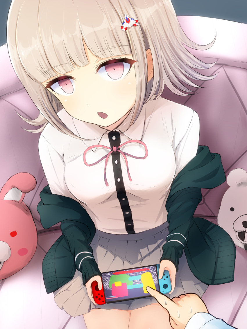 :o bad_perspective black_jacket black_shirt blunt_bangs blush breasts collared_shirt commentary_request couch danganronpa_(series) danganronpa_2:_goodbye_despair dress_shirt female flipped_hair from_above galaga hair_ornament handheld_game_console highres holding holding_handheld_game_console hood igamushi4848 jacket looking_at_viewer medium_hair nanami_chiaki nintendo_switch off_shoulder on_couch open_mouth out_of_frame pink_eyes playing_games pleated_skirt pointing ribbon shirt sitting skirt solo_focus spaceship_hair_ornament sweat two-tone_shirt white_shirt