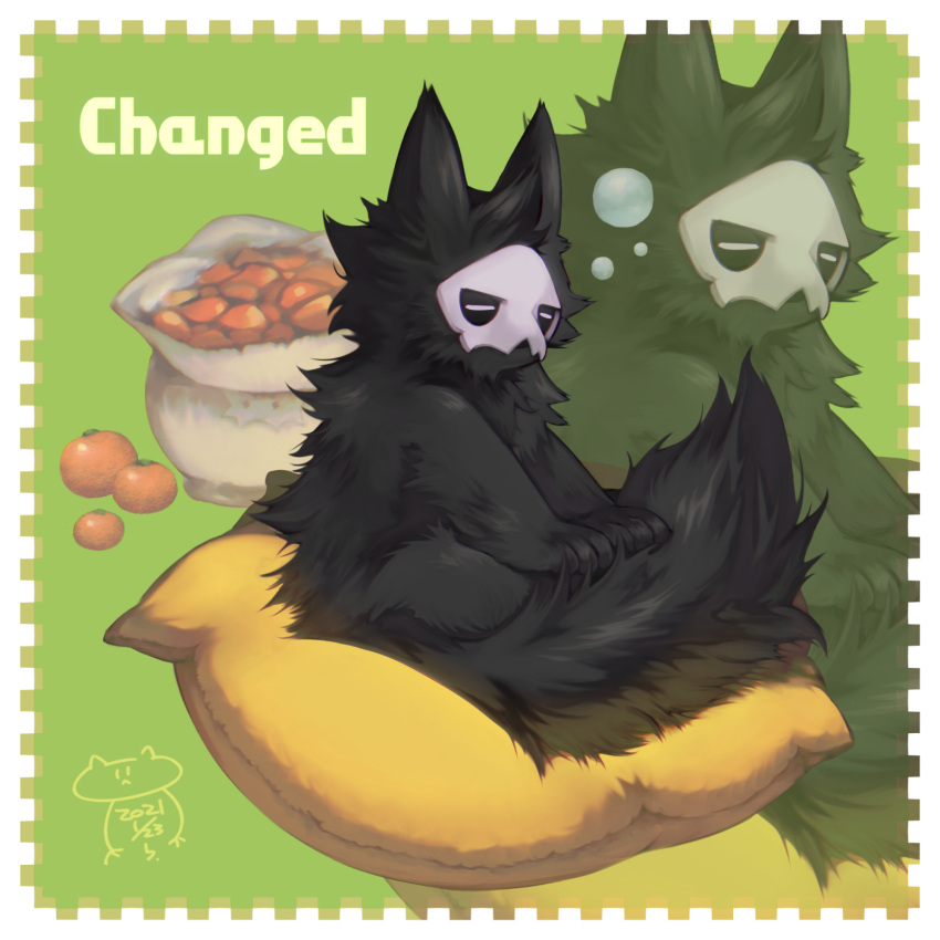 1:1 3_fingers alpha_channel anthro bag biped biyabon black_body black_ears black_fur black_tail blowup_background bubble canid canine canis changed_(video_game) closed_eyes digital_media_(artwork) english_text fingers fluffy fluffy_tail food fruit full-length_portrait fur glistening glistening_body glistening_fur green_background head_tuft hi_res kemono male male_anthro mammal mask monotone_body monotone_fur monotone_tail nude paws pillow plant portrait puro_(changed) shaded side_view simple_background sitting skull_mask sleeping solo tail tangerine_(fruit) text tuft white_eyes wolf