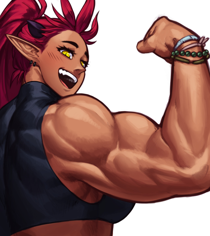 absurdres ali_(sotcho) bead_bracelet beads biceps black_horns bracelet crop_top dark-skinned_female dark_skin earrings female high_ponytail highres horns jewelry looking_at_viewer muscular muscular_female open_mouth original pointy_ears red_hair slit_pupils smile solo sotcho white_background yellow_eyes