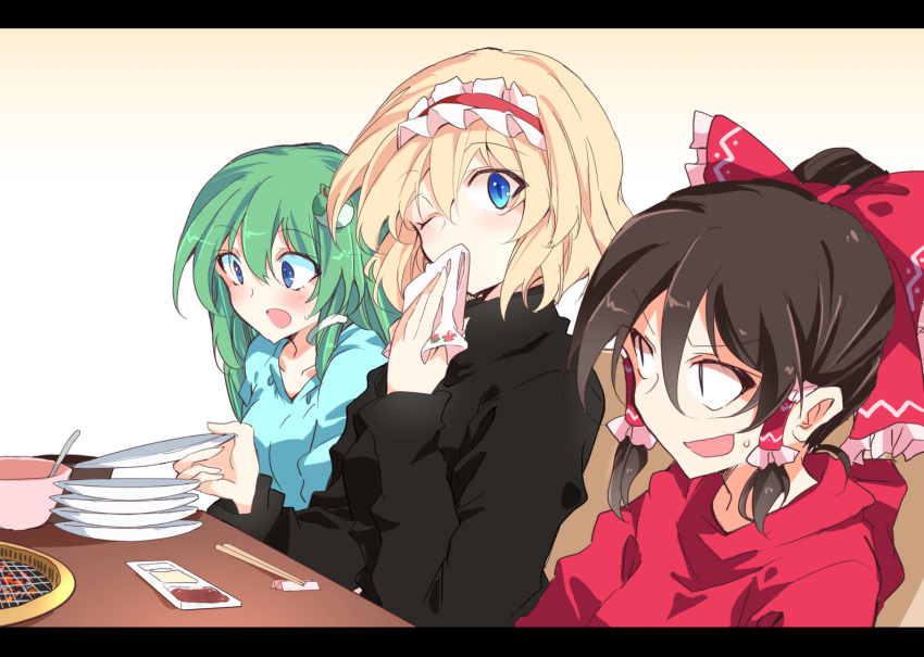 3girls alice_margatroid alternate_costume arm_up bench black_sweater blonde_hair blue_eyes blue_sweater bow bowl brown_hair casual chopstick_rest chopsticks commentary_request frog_hair_ornament gradient_background green_hair grill hair_between_eyes hair_ornament hair_tubes hairband hairbow hakurei_reimu holding holding_plate hood hood_down hoodie ichimura_kanata kochiya_sanae letterboxed lolita_hairband long_hair long_sleeves looking_at_viewer looking_down multiple_girls napkin one_eye_closed open_mouth orange_background plate plate_stack ponytail red_hoodie restaurant sauce short_hair sidelocks sitting snake_hair_ornament spoon sweater table touhou wiping_mouth |_|