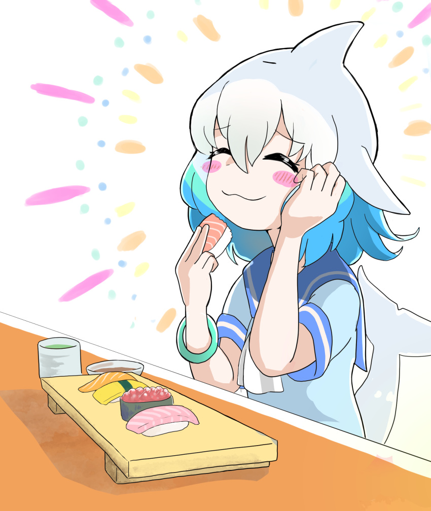 :3 ^_^ blowhole blue_dress blue_hair blush bracelet cetacean_tail closed_eyes commentary_request common_bottlenose_dolphin_(kemono_friends) cup dolphin_girl dorsal_fin dress eating female fins fish_tail food head_fins highres jewelry kemono_friends light_blue_hair multicolored_hair partial_commentary sailor_collar sailor_dress solo soy_sauce sushi tail tea teacup tuffy_kambly white_background white_hair