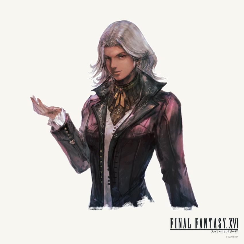 absurdres copyright_name cropped_arms dark-skinned_female dark_skin female final_fantasy final_fantasy_xvi frilled_sleeves frills highres jacket looking_at_viewer official_art purple_jacket simple_background smile solo takahashi_kazuya upper_body vivian_ninetails