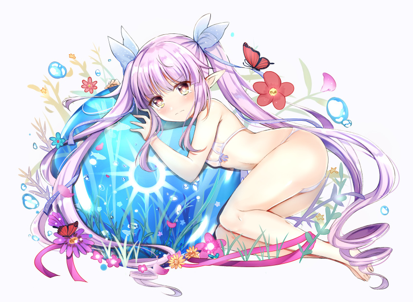 absurdres animal arm_up ass bare_arms bare_legs bare_shoulders barefoot bikini blue_flower blue_ribbon blush brown_eyes bug butterfly closed_mouth commentary_request elf female flower full_body hair_ribbon highres kyoka_(princess_connect!) long_hair micro_bikini pointy_ears princess_connect! purple_flower purple_hair red_flower ribbon ringlets rinringyo see-through sidelocks solo swimsuit twintails very_long_hair wavy_mouth white_bikini