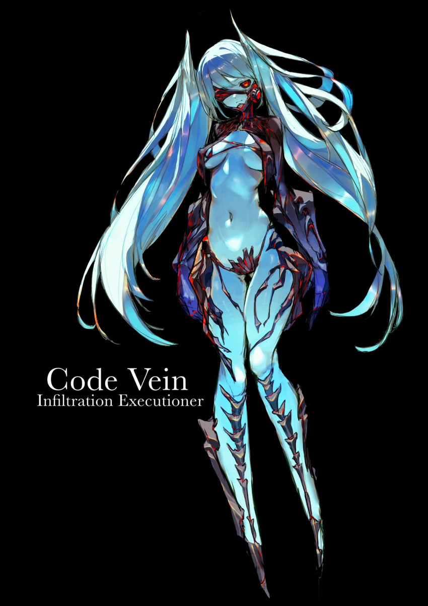 aqua_hair aqua_skin arms_at_sides black_background black_sclera breasts code_vein colored_sclera copyright_name eyepatch female full_body highres invading_executioner kasanomaya long_hair looking_at_viewer medium_breasts monster_girl navel no_feet red_eyes solo twintails very_long_hair