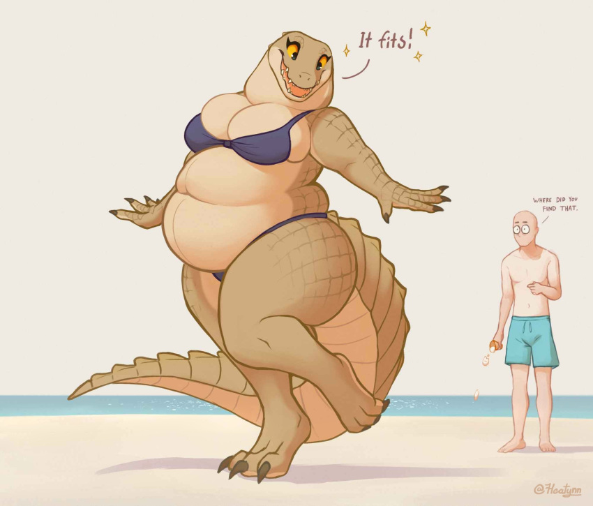 alligator alligatorid anthro beach belly big_belly big_breasts breasts claws clothing crocodilian duo female green_body green_scales hi_res human lucille_(tenynn) male mammal obese obese_anthro obese_female on_one_leg overweight overweight_anthro overweight_female reptile scales scalie seaside shirtless smile standing swimming_trunks swimwear tail tenynn thick_tail thick_thighs yellow_eyes