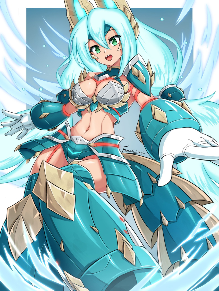 aqua_armor armor blue_armor blue_hair breasts cleavage female fgsketch green_armor green_eyes highres iris_(mega_man) large_breasts long_hair mega_man_(series) mega_man_x_(series) mega_man_x_dive monster_hunter_(series) navel revealing_clothes solo very_long_hair zinogre zinogre_(armor)