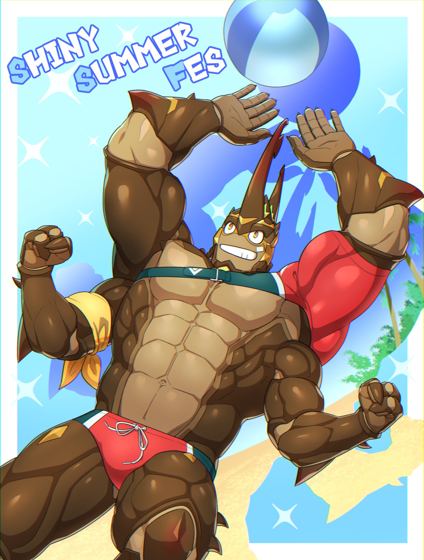 1boy abs absurdres another_eidos-r arm_scarf armor arthropod_boy ball bandaid bandaid_on_cheek bandaid_on_face bara bare_pectorals beachball beetle_boy beetle_horn blue_background border cowboy_shot drop_shadow dutch_angle edamamego extra_arms furry furry_male gradient_background grin groin hercules_beetle highres hulk_(another_eidos) large_pectorals looking_at_object looking_up male_focus male_swimwear muscular muscular_male navel no_nipples outside_border pectorals red_male_swimwear scale_armor shoulder_belt single_sleeve smile solo sparkle_background spikes summer thick_arms white_border