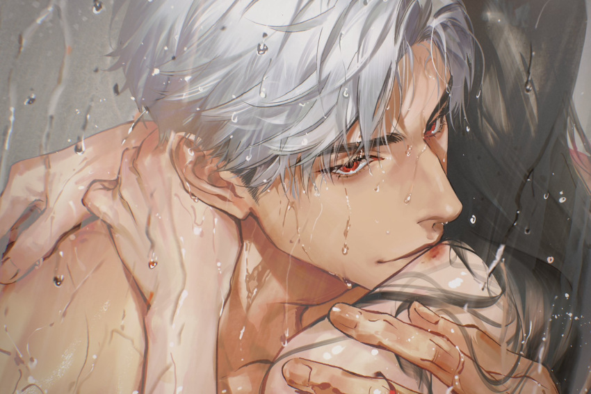 1boy arm_on_another's_shoulder black_hair chimmyming couple grey_hair hand_on_another's_neck highres hug long_hair love_and_deepspace male_focus muscular muscular_male portrait protagonist_(love_and_deepspace) red_eyes short_hair shower_(place) straight sylus_(love_and_deepspace) topless_male water water_drop wet wet_hair