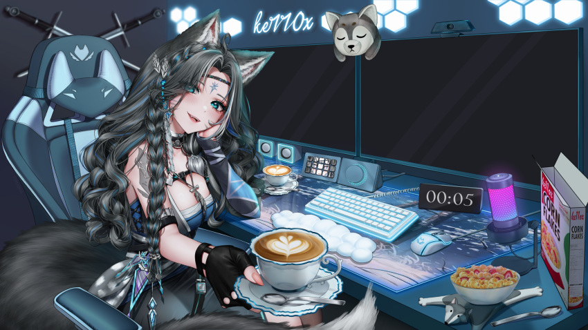 animal_ears black_gloves black_hair blue_eyes blush bowl cereal cereal_box chair commission computer_keyboard computer_mouse cup fingerless_gloves gaming_chair gloves hair_ornament highres indie_virtual_youtuber kell_(vtuber) looking_at_viewer microphone monitor multicolored_hair multiple_monitors open_mouth single_fingerless_glove sitting streaked_hair swivel_chair tail torusava virtual_youtuber wolf_ears wolf_girl wolf_tail