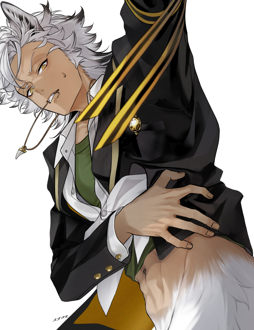 1boy 44sann absurdres animal_ears animal_feet clothes_lift commentary_request highres jack_howl jewelry looking_at_viewer male_focus monster_boy mouth_hold necklace night_raven_college_uniform shirt_lift short_hair simple_background solo tooth_necklace twisted_wonderland upper_body white_background white_hair wolf_boy wolf_ears yellow_eyes