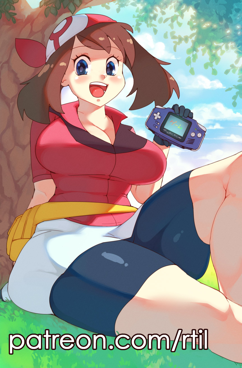 absurdres bandana beanie bike_shorts bike_shorts_under_shorts blue_eyes blush bow_hairband breasts brown_hair cleavage fanny_pack female game_boy_advance gloves hairband handheld_game_console hat highres holding holding_handheld_game_console large_breasts long_hair looking_at_viewer may_(pokemon) open_mouth outdoors pokemon pokemon_rse red_bandana red_hairband red_shirt rtil shirt shorts sitting smile solo thick_thighs thighs tree