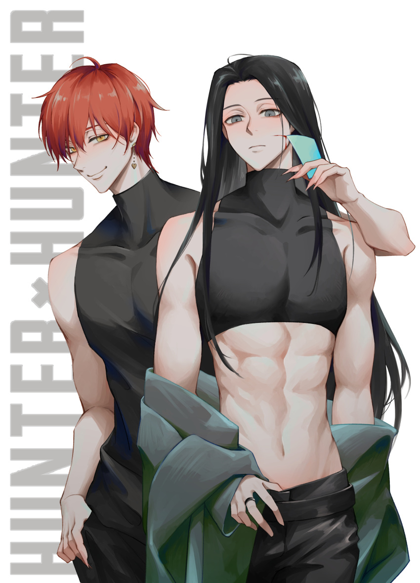 2boys absurdres alternate_costume alternate_eye_color black_hair black_pants black_shirt blood blood_on_face card clothes_down cowboy_shot crop_top earrings fingernails floating_earring green_jacket grey_eyes hand_in_pocket highres hisoka_morow holding holding_card hunter_x_hunter illumi_zoldyck jacket jewelry long_fingernails long_hair looking_at_viewer midriff multiple_boys pants red_hair ring sharp_fingernails shirt sleeveless sleeveless_shirt toned toned_male user_bet5426 yellow_eyes