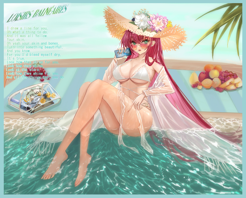 ass azur_lane banana bikini breasts cellphone chinese_commentary cleavage diaoao_bugaoxing english_text female flower food fruit full_body grapes green_eyes hair_between_eyes hat hat_flower highres holding holding_phone long_hair looking_at_viewer looking_over_eyewear manjuu_(azur_lane) official_alternate_costume orange-tinted_eyewear orange_(fruit) phone pink_flower prada_(brand) red_hair see-through see-through_sleeves smartphone solo straw_hat sun_hat sunglasses surcouf_(azur_lane) surcouf_(loisirs_balneaires)_(azur_lane) swimsuit tinted_eyewear very_long_hair white_bikini white_flower